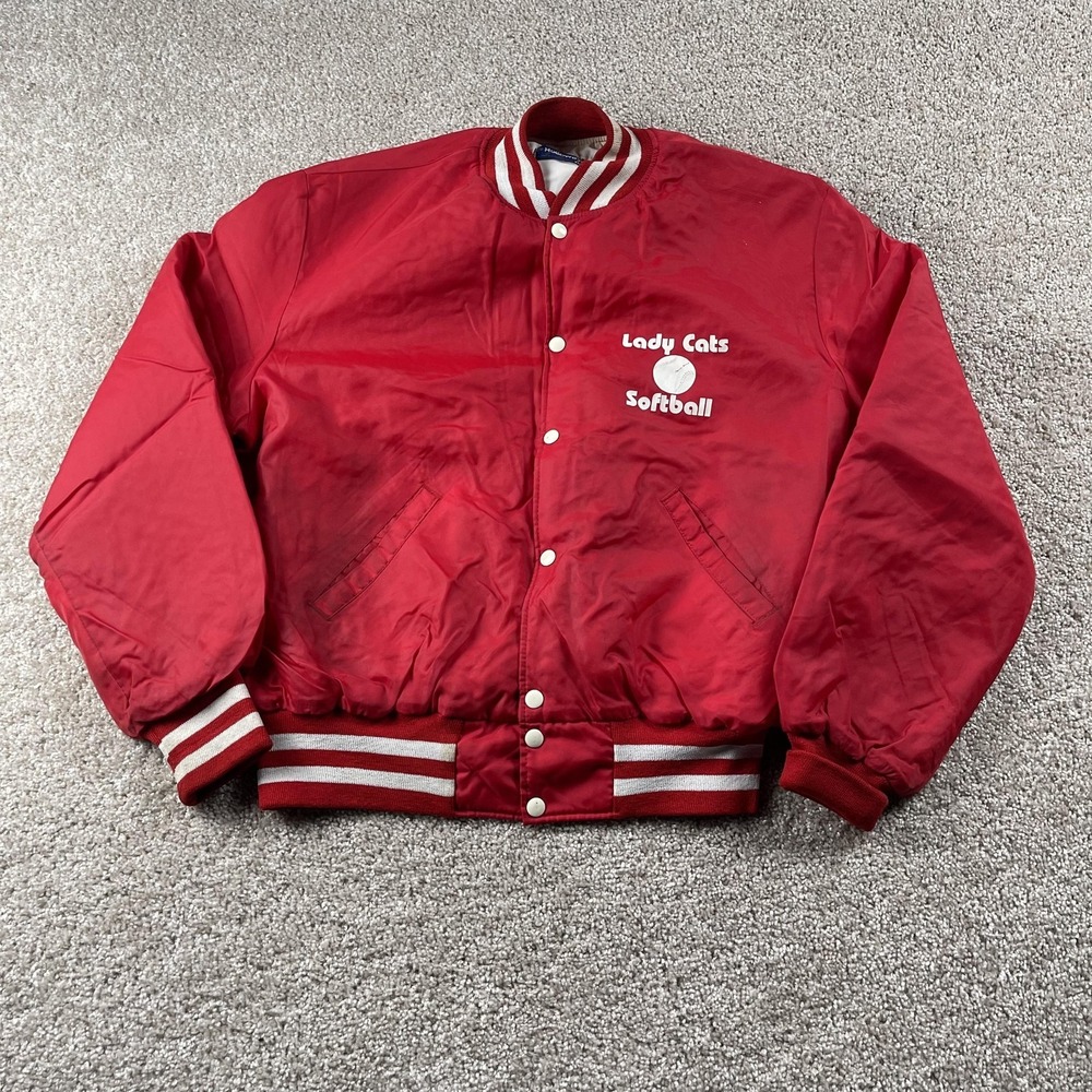 Vintage Lady Cats Softball Jacket Womens XL Red Baseball Holloway USA Satin